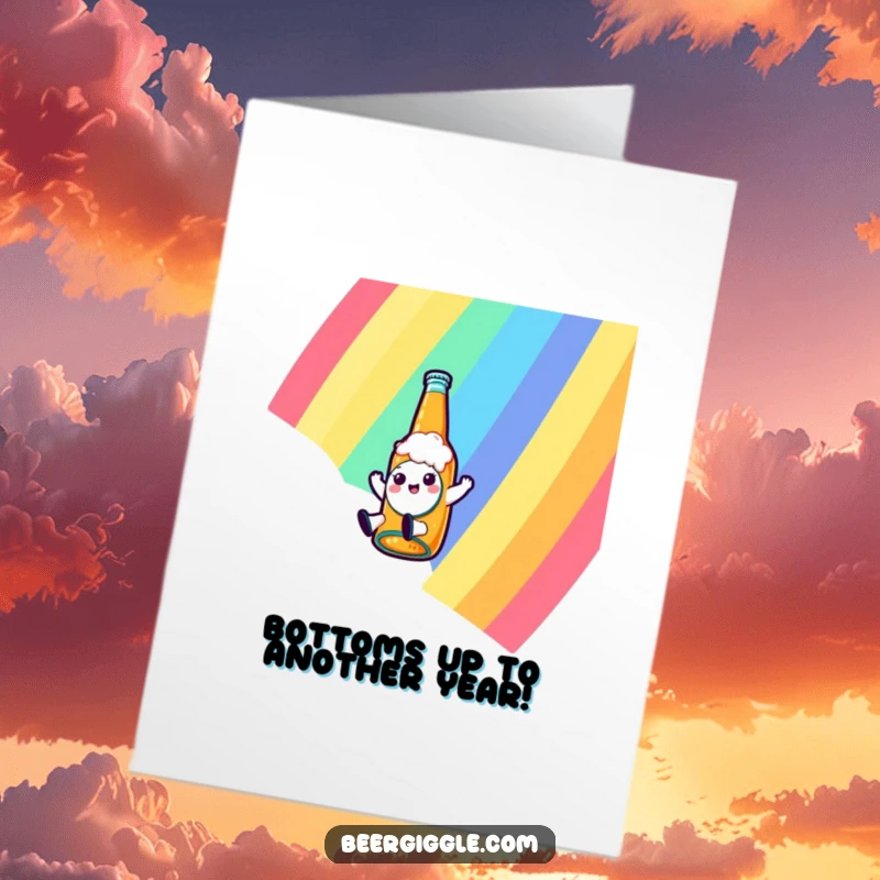 Funny Free Printable Birthday Card: Kawaii beer bottle character slides gleefully down a vibrant rainbow, wishing a happy birthday.