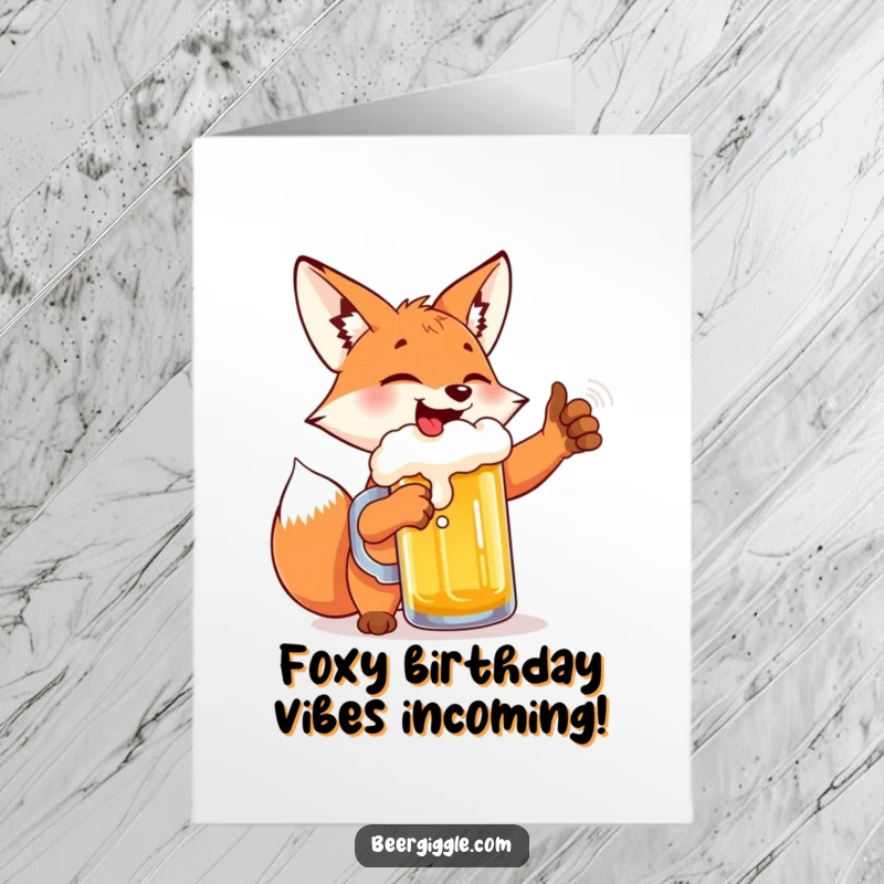 Funny Free Printable Birthday Card: Giggling fox gleefully high-fiving a frothing beer mug with excitement.