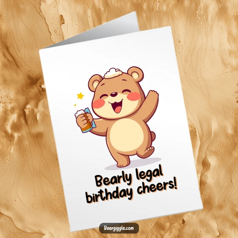 Funny Free Printable Birthday Card: Cheerful bear doing a happy dance holding a frothy beer mug.