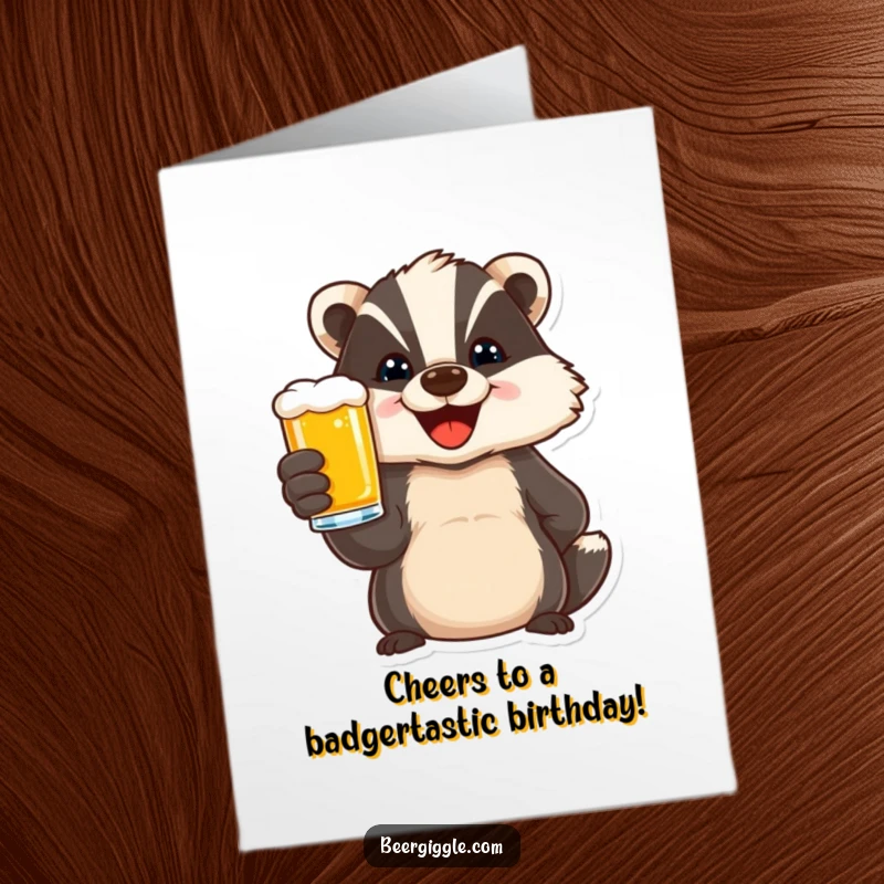 Funny Free Printable Birthday Card: Delighted badger character toasting with a beer, celebrating a birthday.