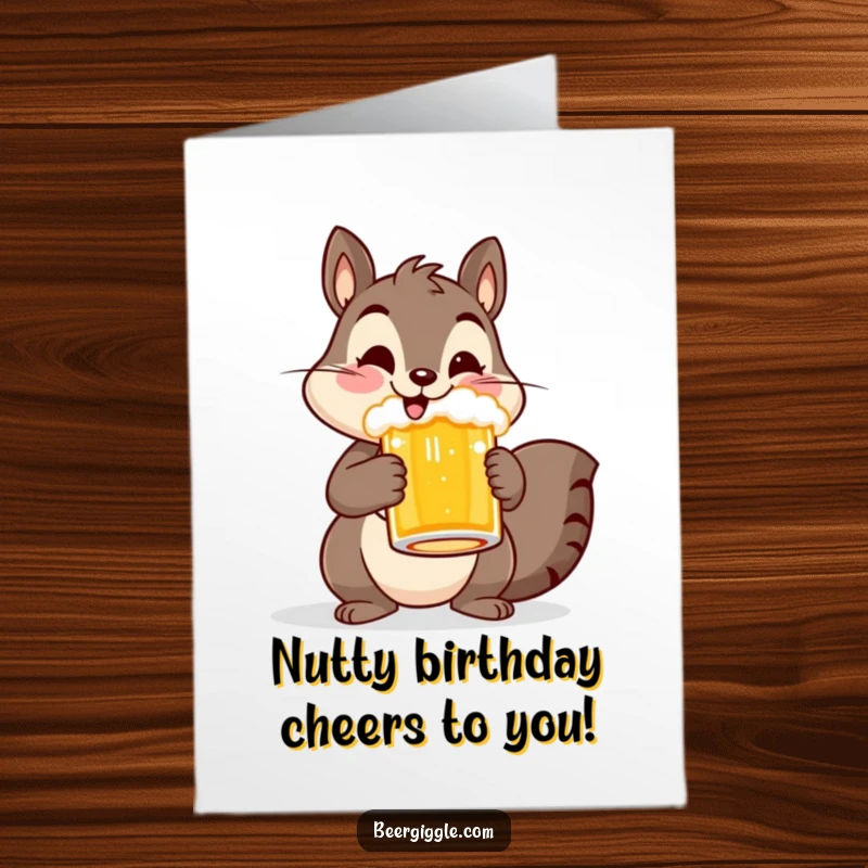 Funny Free Printable Birthday Card: Cheerful squirrel holding a beer mug, ready for birthday fun.