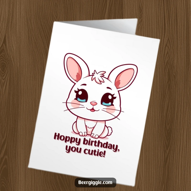 Funny Free Printable Birthday Card: Sweet kawaii bunny winks with a full mug, a cheerful friend.