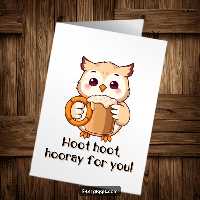 Funny Free Printable Birthday Card: Kawaii owl clinks pretzel mug, a cheerful, wise friend celebrating with gusto.
