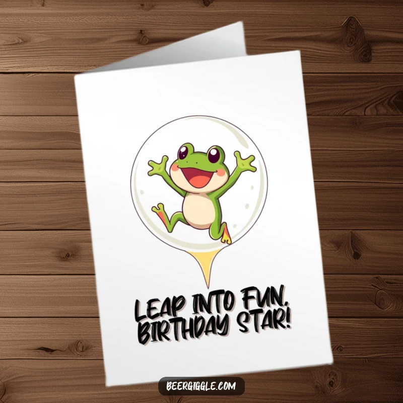 Funny Free Printable Birthday Card: A gleeful frog joyfully leaps into a massive, glistening beer bubble, celebrating the big day.