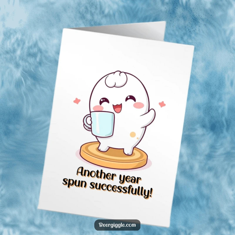 Funny Free Printable Birthday Card: Kawaii coaster character joyfully spins with a mug, ready for a birthday wish.
