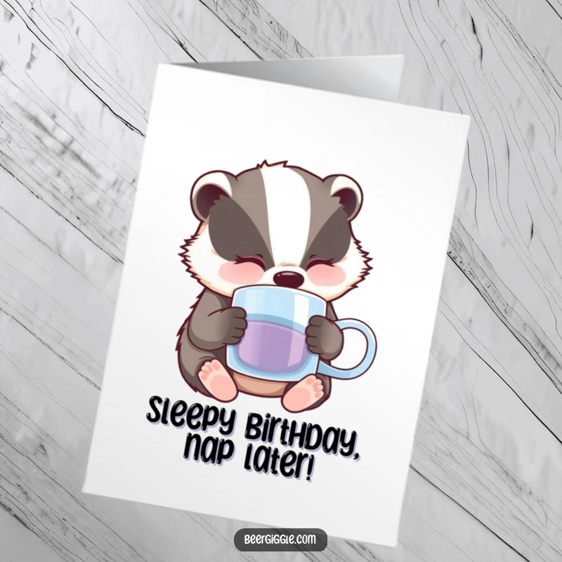 Funny Free Printable Birthday Card: A cute, sleepy badger is nodding off with a half-empty beer mug, dreaming of naps.