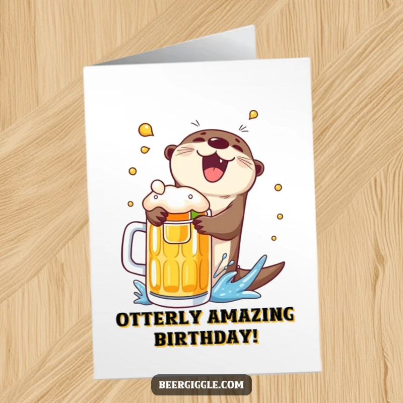 Funny Free Printable Birthday Card: Delighted otter joyfully cannonballing into a giant beer mug.