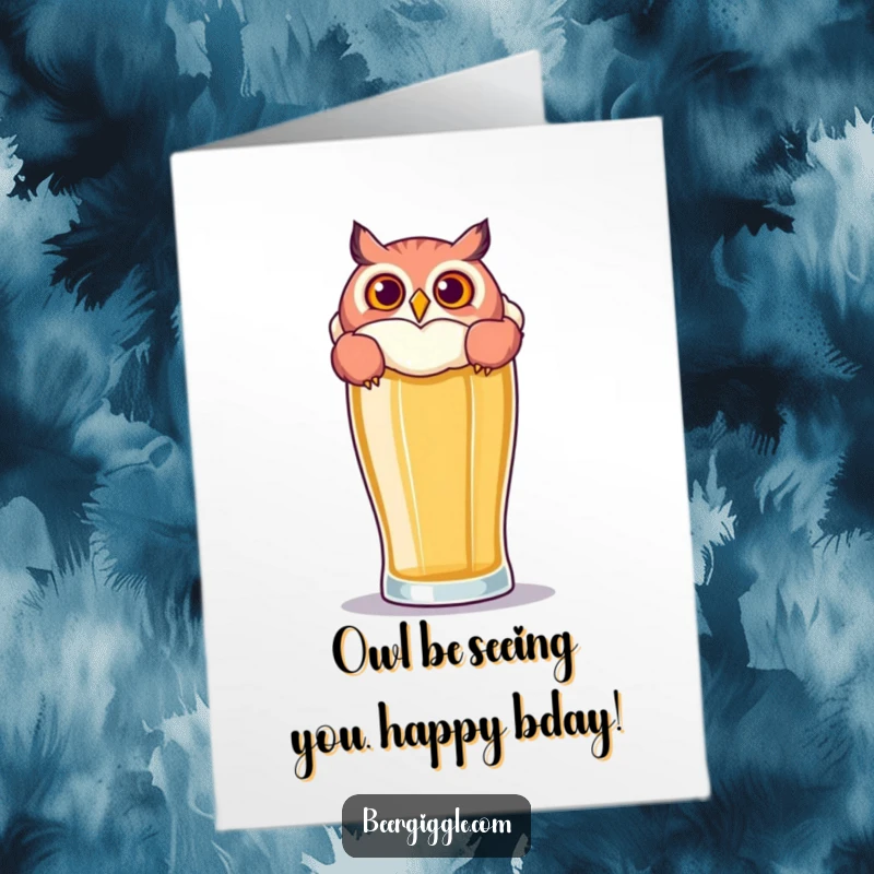 Funny Free Printable Birthday Card: Playful owl peeks over a large beer glass, ready for a birthday toast.
