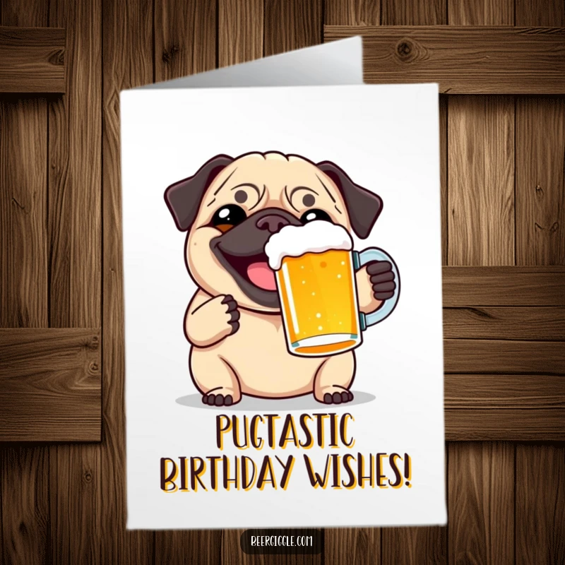 Funny Free Printable Birthday Card: Smiling pug enthusiastically toasting with a full pint glass of beer.
