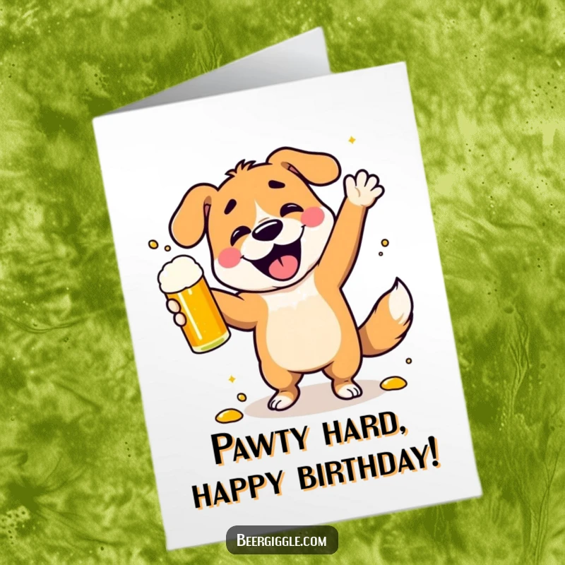 Funny Free Printable Birthday Card: A dog joyfully dancing and spilling beer, celebrating with abandon.