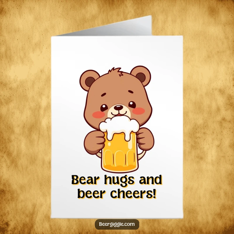 Funny free printable birthday card featuring a happy bear character clinking a frothy beer mug, ready for a birthday toast.