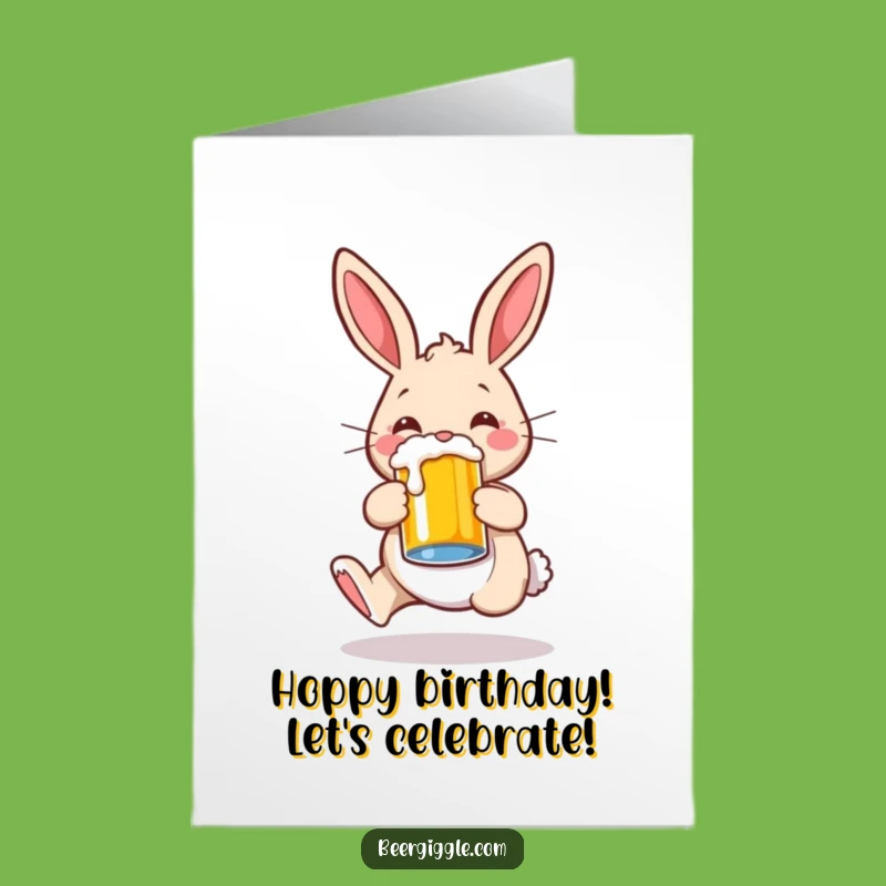 Free Printable Funny Birthday Card: Whimsical Rabbit Hopping with Beer Mug - Downloadable Gift