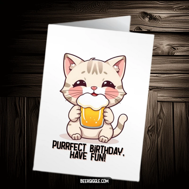 Funny free printable birthday card featuring a playful cat character enjoying a frothy beer with a mischievous grin.