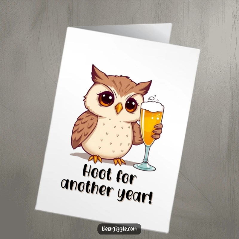 Funny Free Printable Birthday Card featuring a curious owl character with wide eyes admiring a large beer glass.