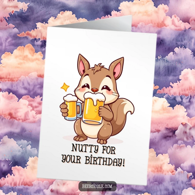 Funny Free Printable Birthday Card: A cheerful squirrel character happily holds a beer mug, ready to party.