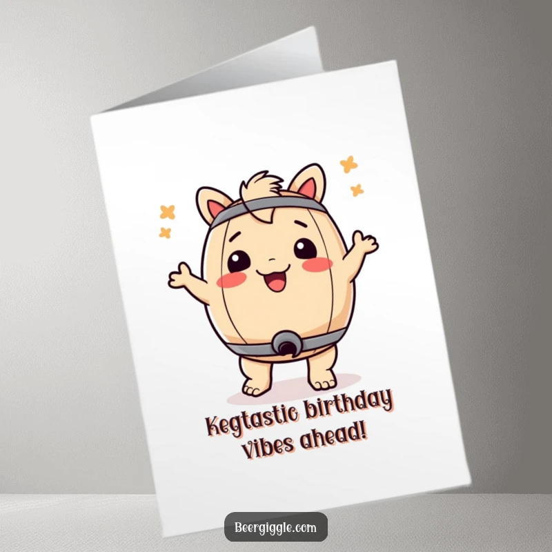 Funny free printable birthday card featuring a keg doing a joyful bum dance, spreading party vibes and laughter.
