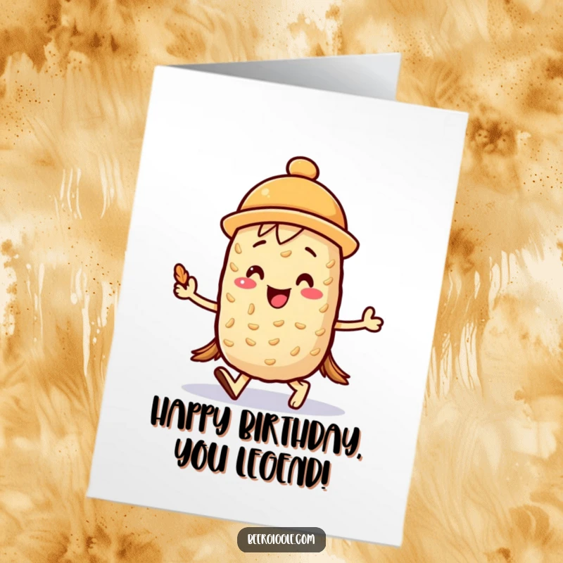 Funny Free Printable Birthday Card featuring a kawaii barley character joyfully marching with a mini foam hat, spreading birthday joy.