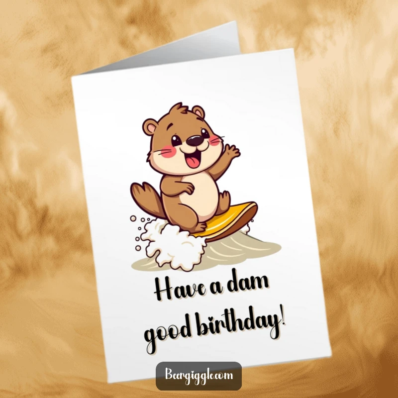 Funny Free Printable Birthday Card: A delighted beaver joyfully surfs a big wave of beer foam, ready to party.
