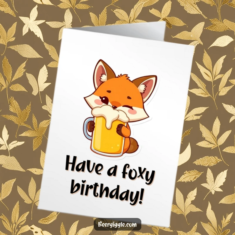 Funny Free Printable Birthday Card of a playful fox character winking while toasting a beer mug.