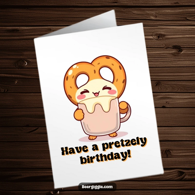 Funny Free Printable Birthday Card featuring a kawaii pretzel character winking while balancing a frothy beer mug, ready to celebrate.