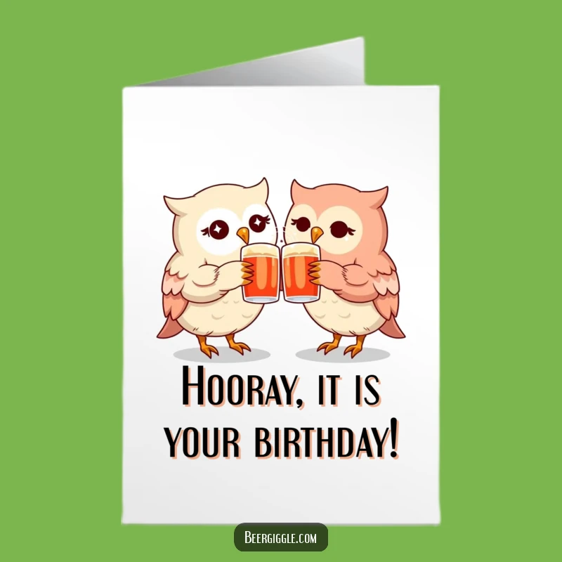 Free Printable Birthday Card: Funny Kawaii Owls Clinking Mugs Downloadable