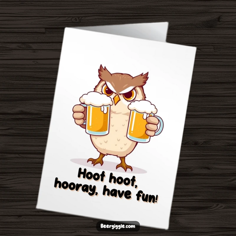Funny Free Printable Birthday Card: Owl struggling hilariously to balance two frothy beer mugs, perfect for a celebratory drink.