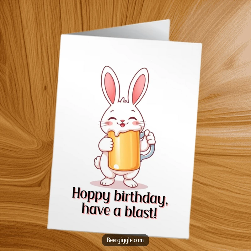 Funny free printable birthday card with a smiling rabbit character holding a large stein, ready to cheers the occasion.
