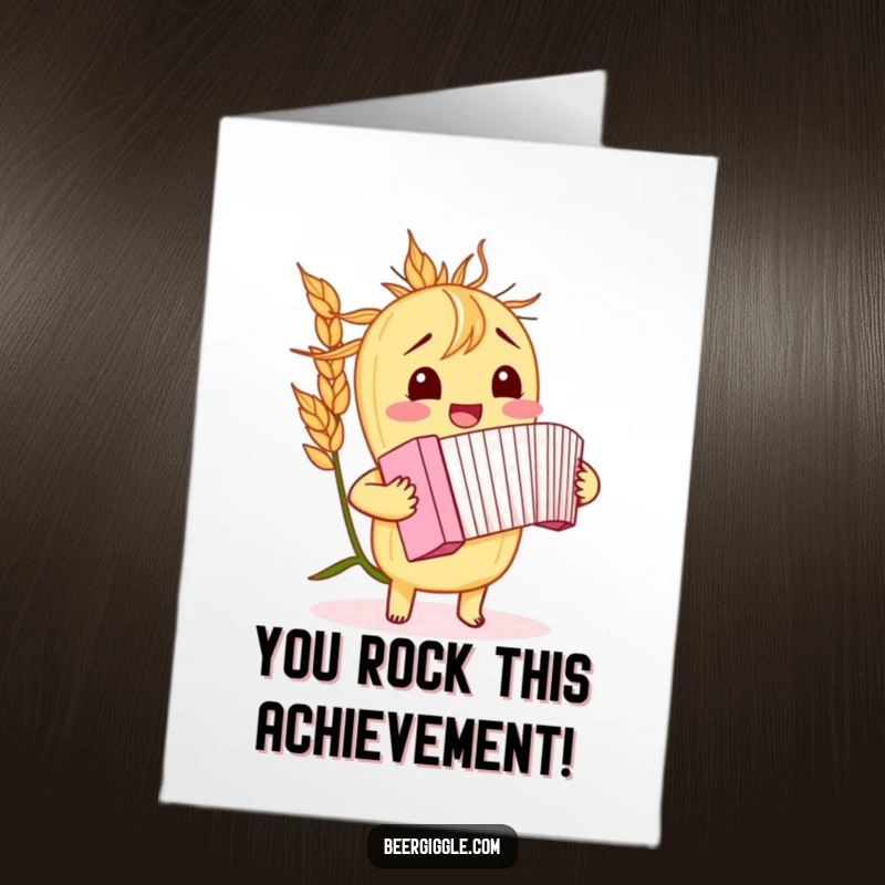 Funny Free Printable Congratulations Card with a giggling barley stalk playing a miniature accordion, celebrating a win.