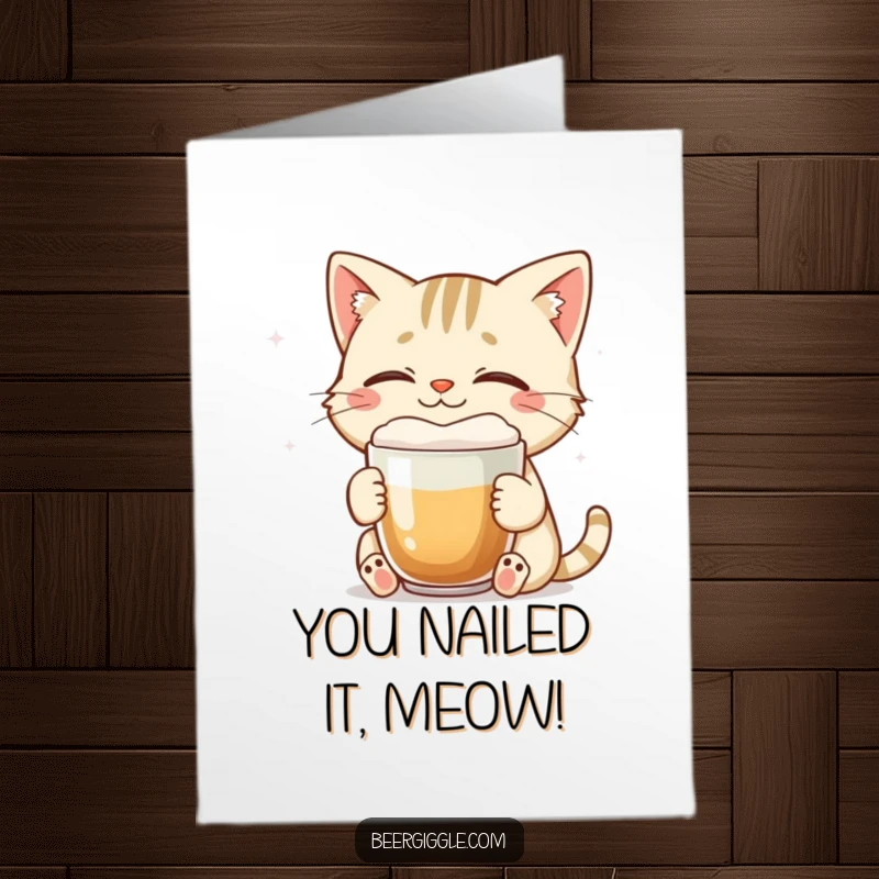 Funny Free Printable Congratulations Card featuring a smiling cat enjoying a foamy beer with eyes closed.