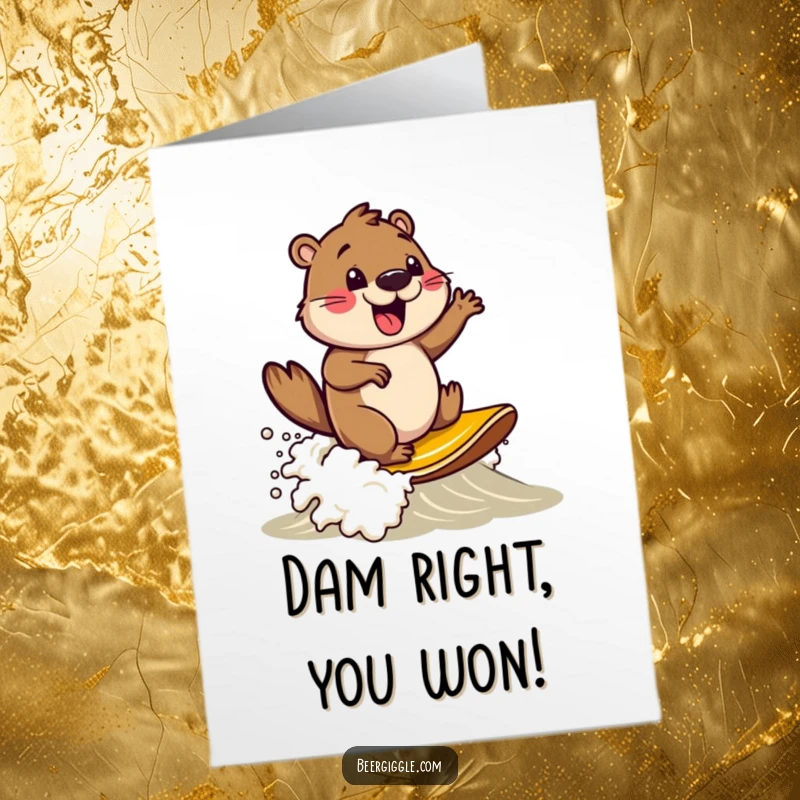 Funny Free Printable Congratulations Card: A delighted beaver surfs a frothy wave of beer foam, celebrating your success.
