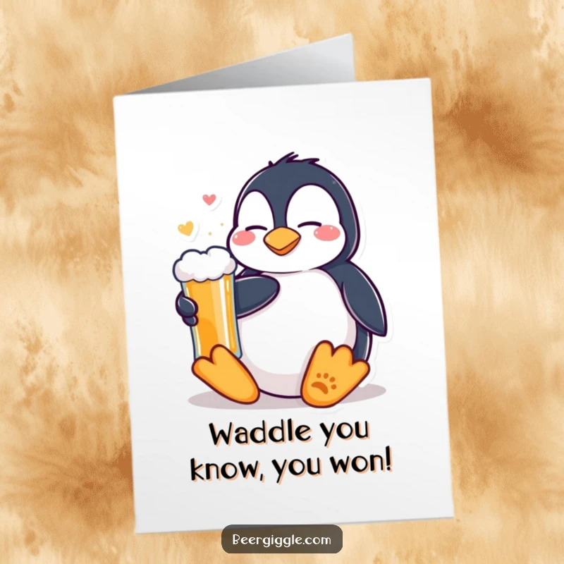 Funny Free Printable Congratulations Card with a content Kawaii penguin leisurely relaxing with a cold beer, celebrating their achievement.