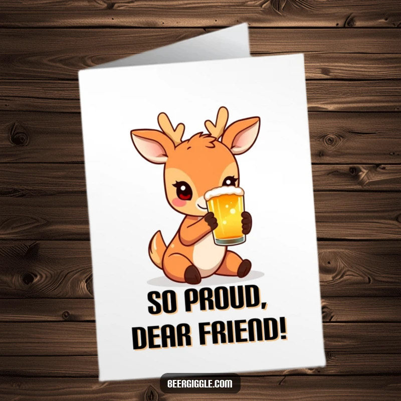 Funny Free Printable Congrats Card: A charming deer character holding a small, frothy beer glass.