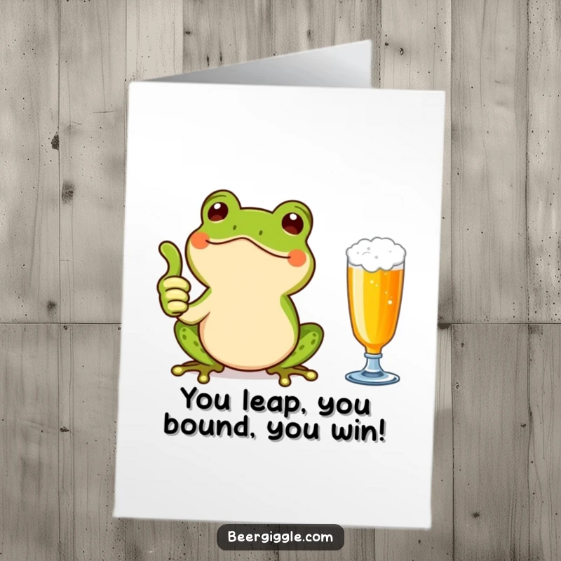 Funny Free Printable Congratulations Card of a beaming Kawaii frog giving a thumbs up beside a beer glass, celebrating success.