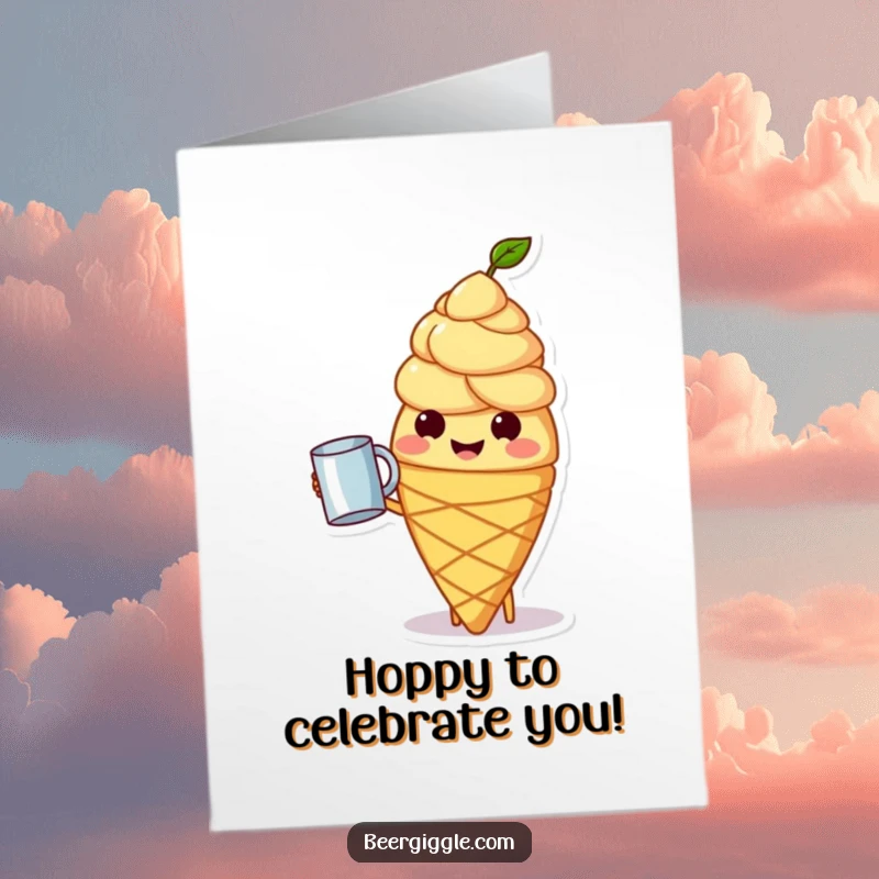 Funny Free Printable Congratulations Card: A cheerful hops cone character raising a small mug in celebration.