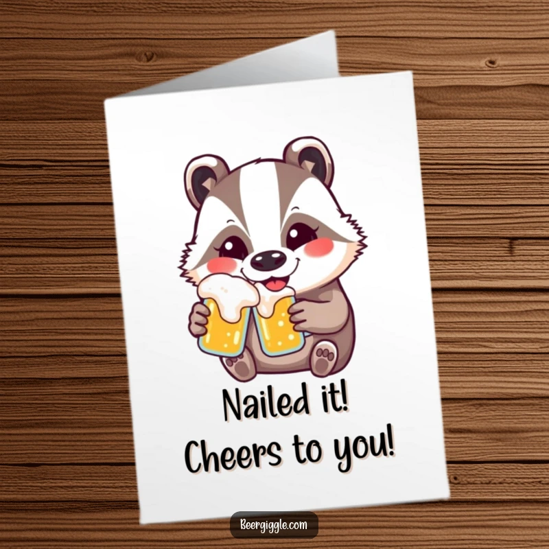 Funny Free Printable Congratulations Card showing a kawaii badger gleefully drinking beer, celebrating success with a wide smile.
