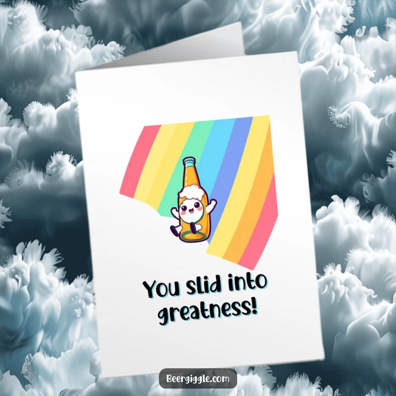Funny Free Printable Congratulations Card: Kawaii beer bottle character joyfully slides down a rainbow, celebrating a wonderful success.