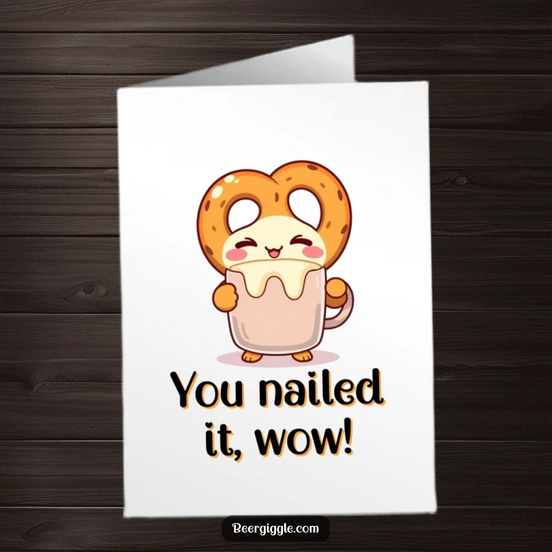 Funny Free Printable Congratulations Card with a kawaii pretzel character winking while balancing a beer mug, celebrating success.