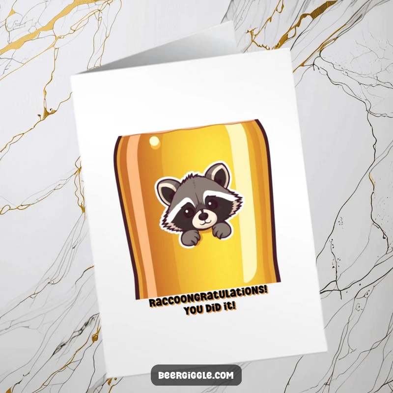 Funny Free Printable Congratulations Card: A curious raccoon peeks from behind a giant beer bottle, celebrating your win.