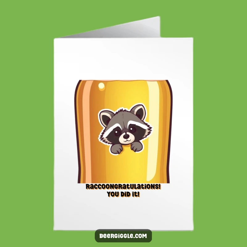 Free Printable Congrats Card: Raccoon Peeking Behind Beer - Downloadable Celebration