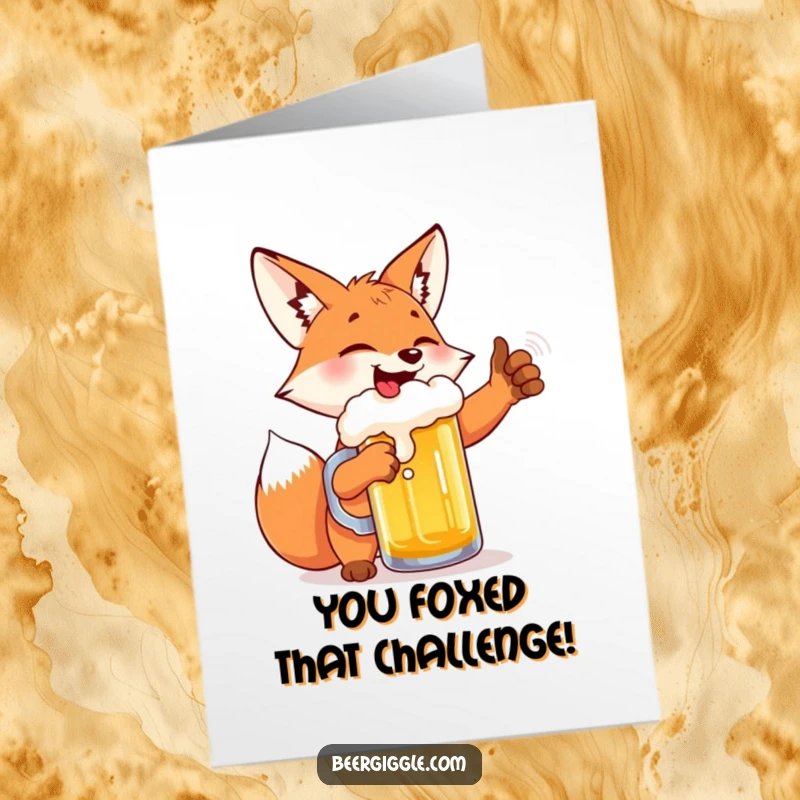 Funny Free Printable Congratulations Card: A giggling fox joyfully high-fiving a frothing beer mug.