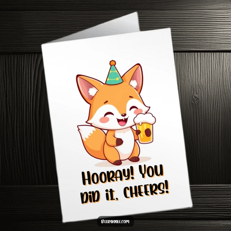 Funny Free Printable Congratulations Card: Fox in party hat cheers with a beer, ready to celebrate.