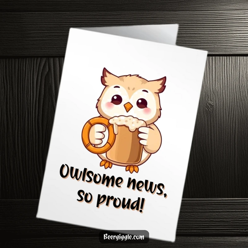 Funny Free Printable Congratulations Card: Kawaii owl hoots with joy, clinking a pretzel mug in celebration.