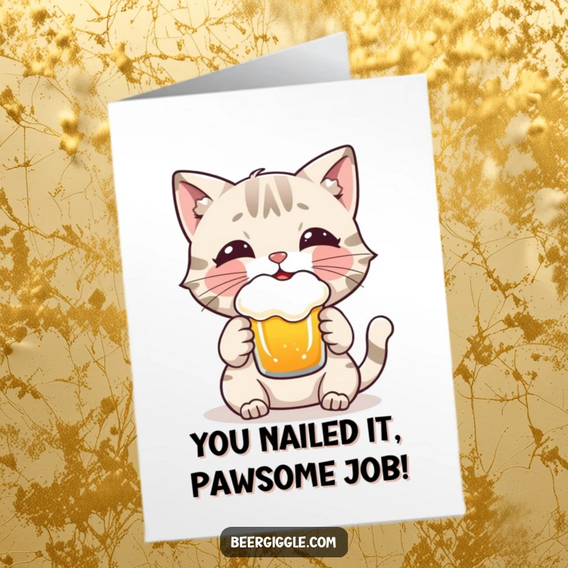Funny free printable congratulations card with a playful cat character enjoying a frothy beer, celebrating a great achievement.