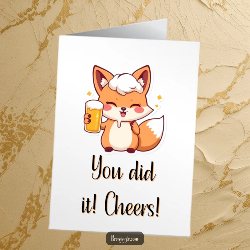 Funny free printable congratulations card: A kawaii fox winking and holding a frothy beer, celebrating.