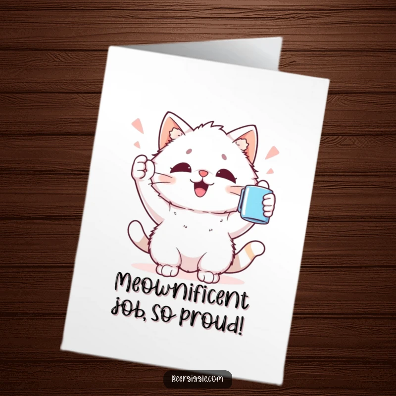 Funny Free Printable Congratulations Card: Fluffy kawaii cat holds mug aloft in a triumphant cheer, celebrating success.