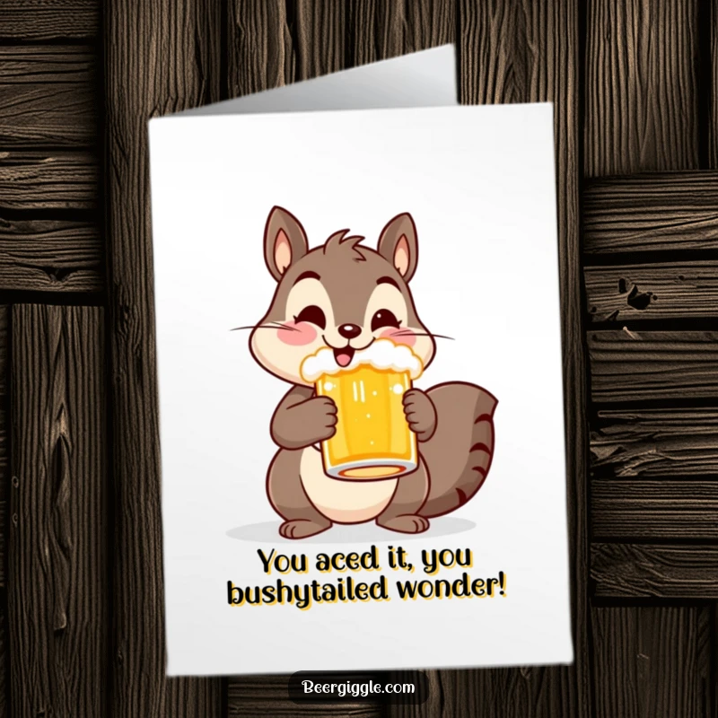 Funny Free Printable Congratulations Card: Cheerful squirrel character holding a beer mug, celebrating success.