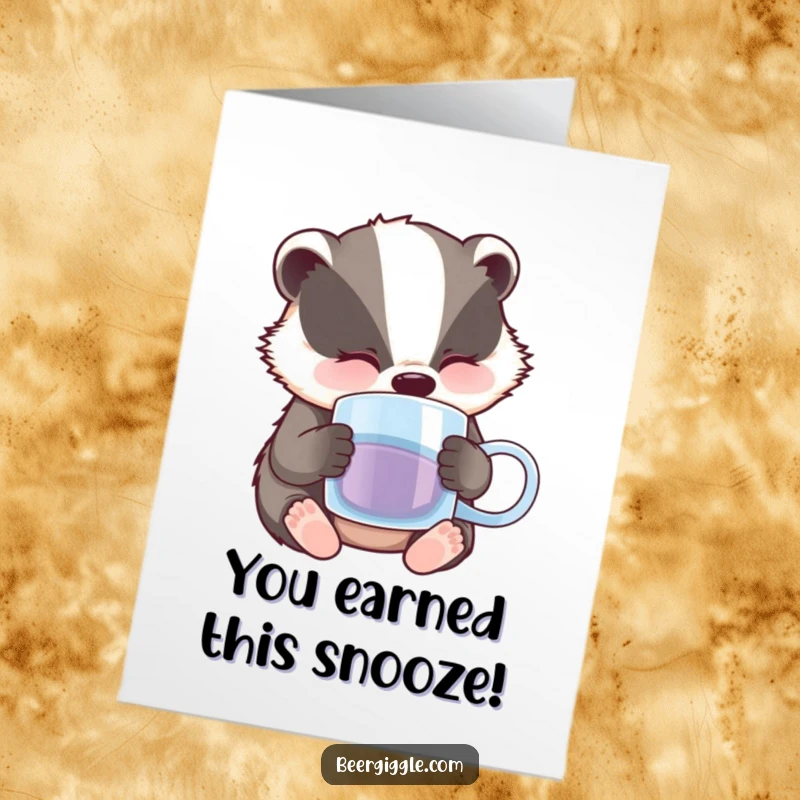 Funny Free Printable Congratulations Card: A sleepy badger is blissfully nodding off with a nearly empty beer mug, celebrating rest.