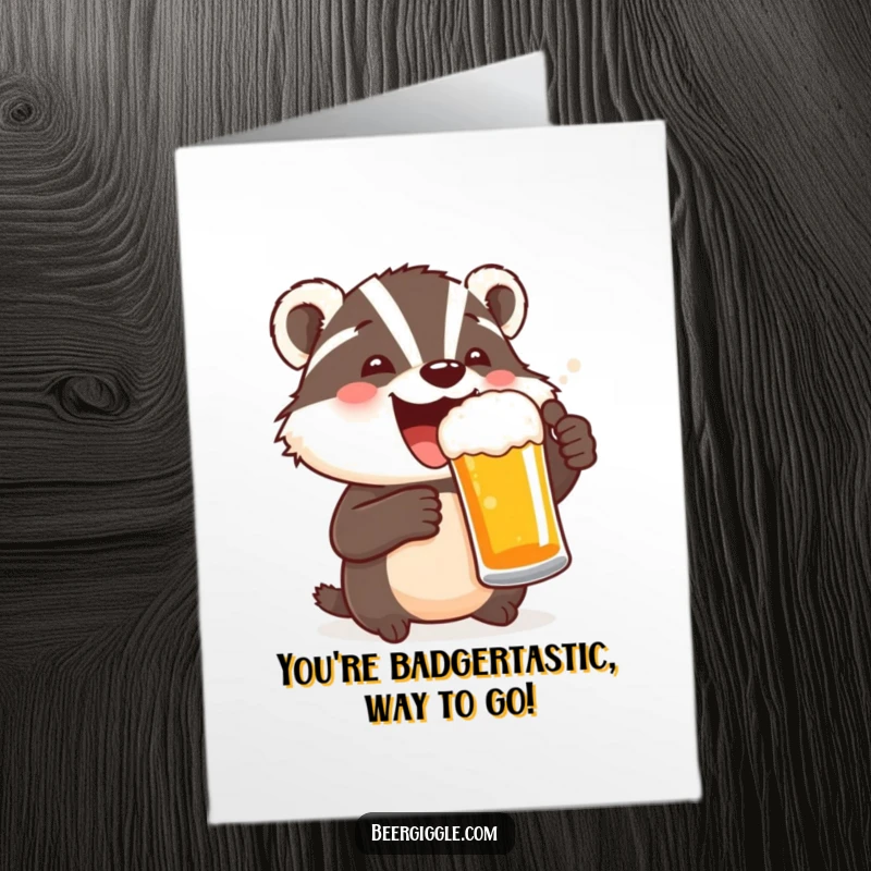 Funny Free Printable Congratulations Card: A delighted badger character proposes a toast with a beer, celebrating a win.