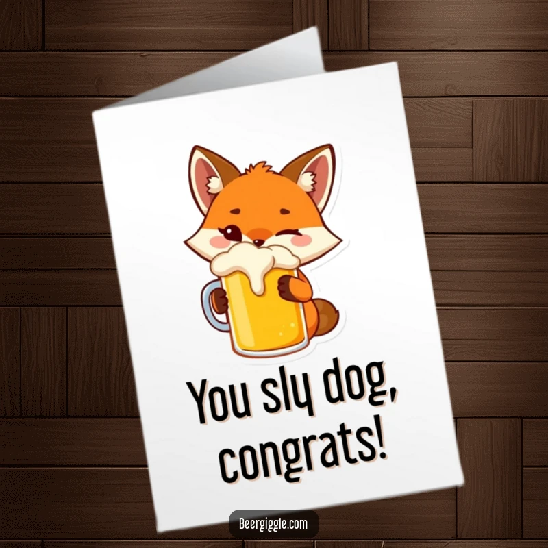 Funny Free Printable Congratulations Card with a playful fox winking and toasting a beer mug.