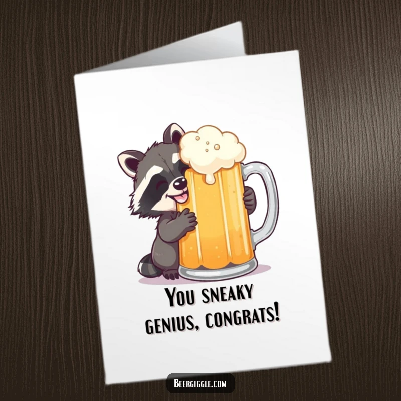 Funny Free Printable Congratulations Card: Grinning Raccoon Pilfering a Sip from Frothy Beer Mug